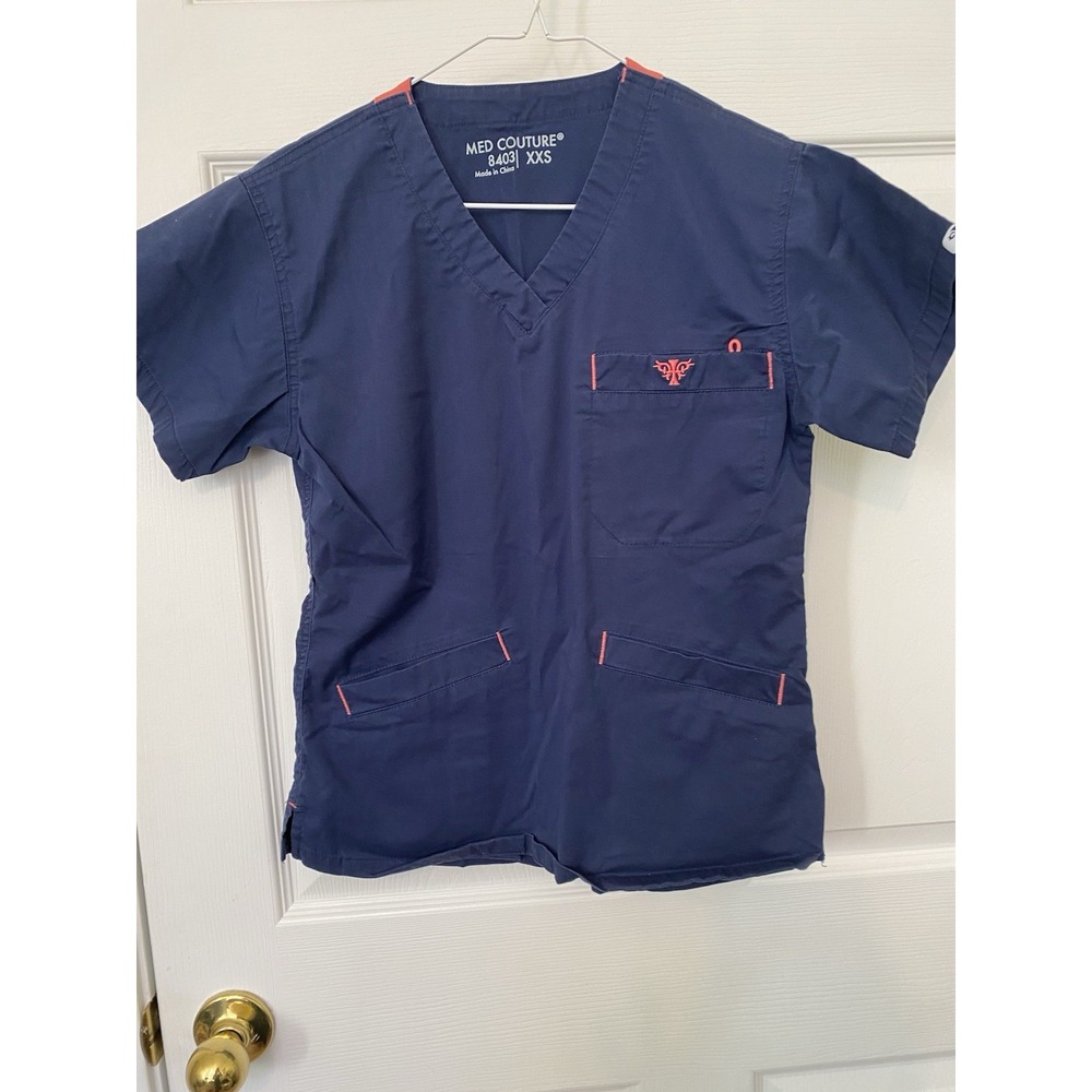 Med Couture XXS Small‎ Women's Navy Blue/pink Accents Scrub Top